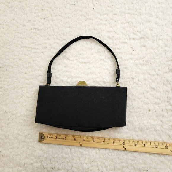 Vintage Black Satin Handbag Clutch Gold Shell Clasp Silk lined Coin Purse - Picture 2 of 10
